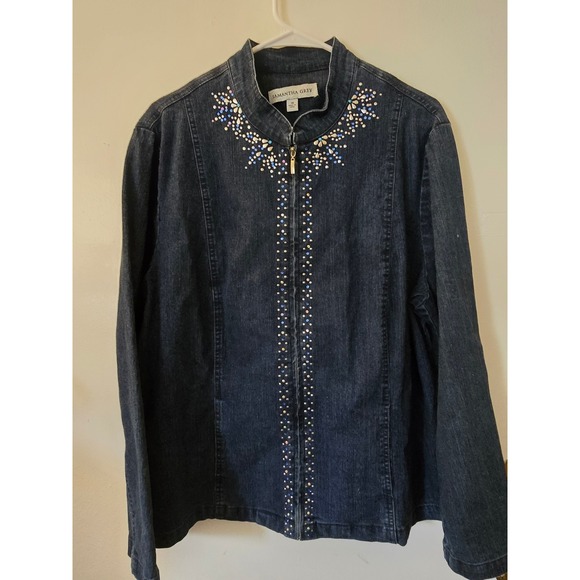 Samantha Grey Jackets & Blazers - Samantha Grey Womens Dark Wash Embellished Rhinestone Zip Front Denim Jacket 18